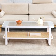 White Rattan Coffee Table with Tempered Glass Top - White Glass Coffee Table with Woven Storage Shelf, Bohemian Living Room Furniture for Small Spaces