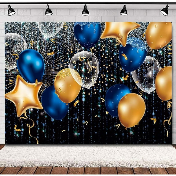 Royal Blue and Gold Backdrop for Birthday Wedding Shining Birthday Graduation Blue Balloon Party Photography Background Decor Banner Photo Booth Photo Studio Fabric Cloth