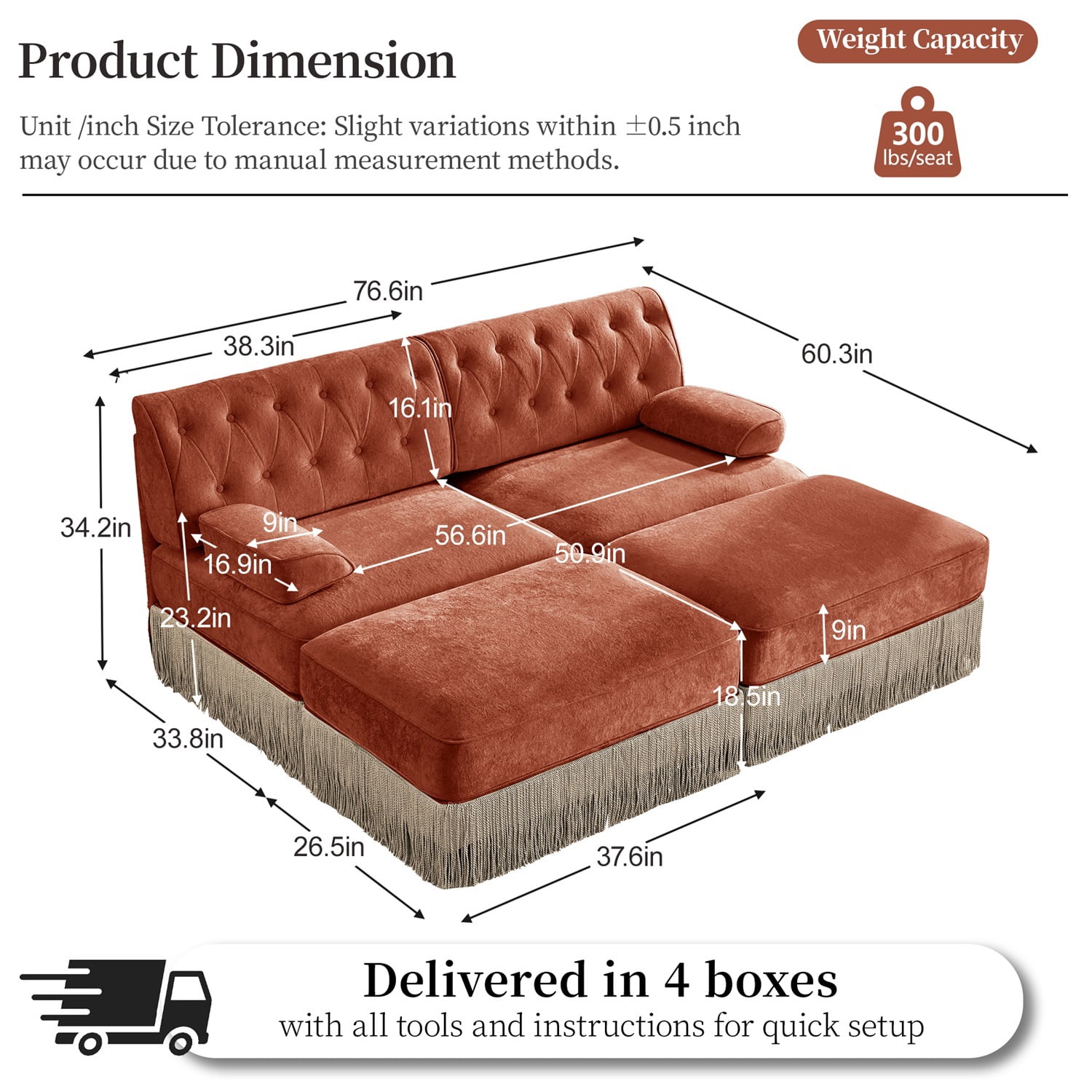 Hommoo 2-Seater Chesterfield Style Velvet Fabric Sofa Couch set with 2 Ottomans, Tufted Button Upholstered Design and Floor-grazing Tassel, Free Combination Sectional Sofa, for Home, Red Brown