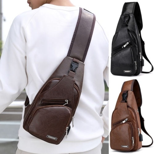 Men's Shoulder Bag Sling Chest Pack Nylon USB Charging Sport Crossbody Handbag 