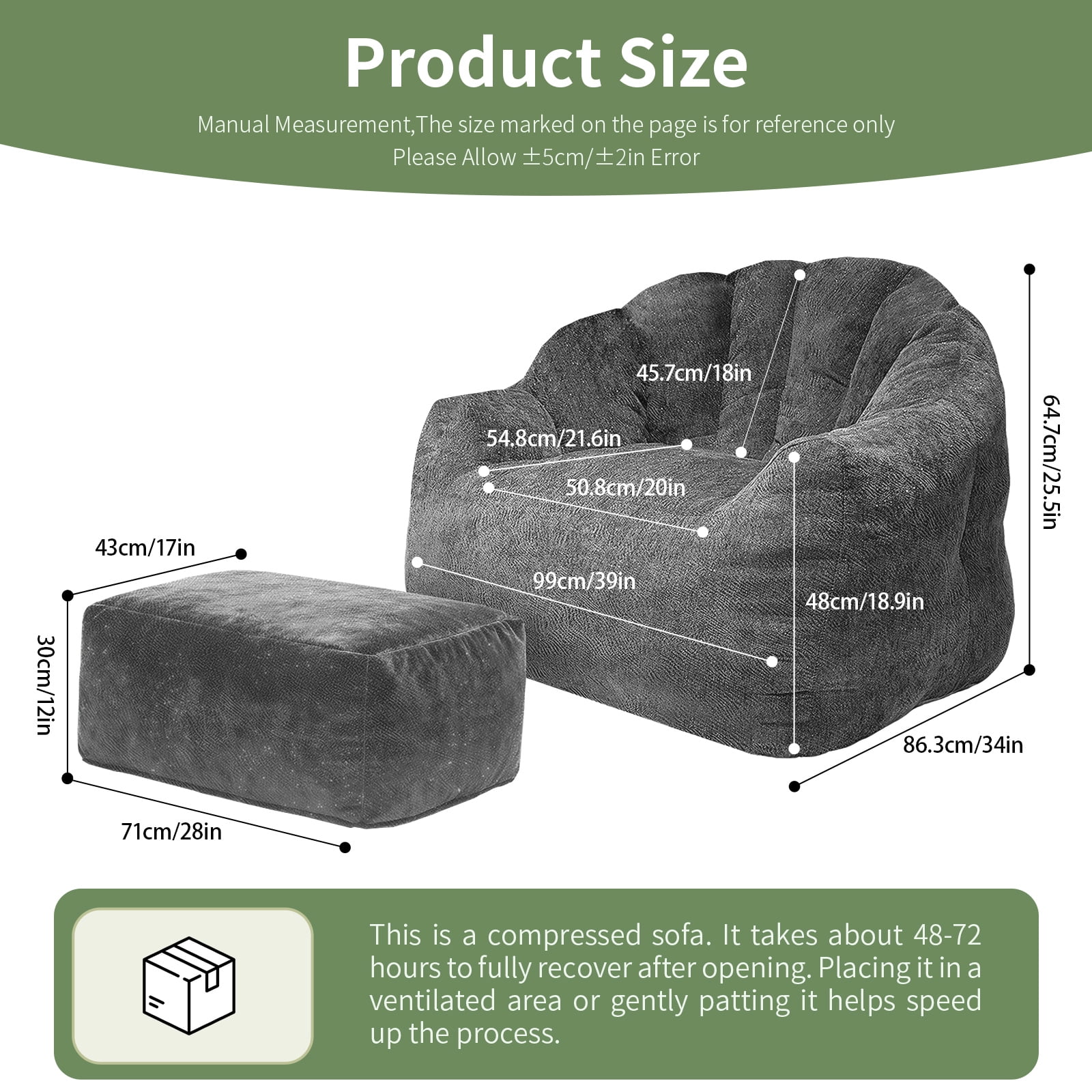 Hommoo Bean bag chair, armrest bean bag sofa chair filled with high-density foam, comfortable lazy sofa chair, adult bean bag chair for Home, Gray