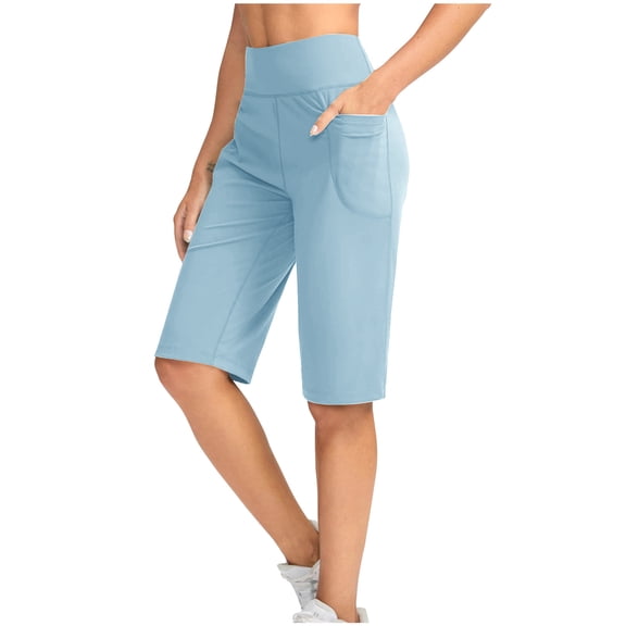 Guluxicc Womens Bermuda Athletic Shorts with Pockets High Waist Tummy Control Yoga Pants Comfy Quick Dry Breathable Gym Hiking Running Shorts