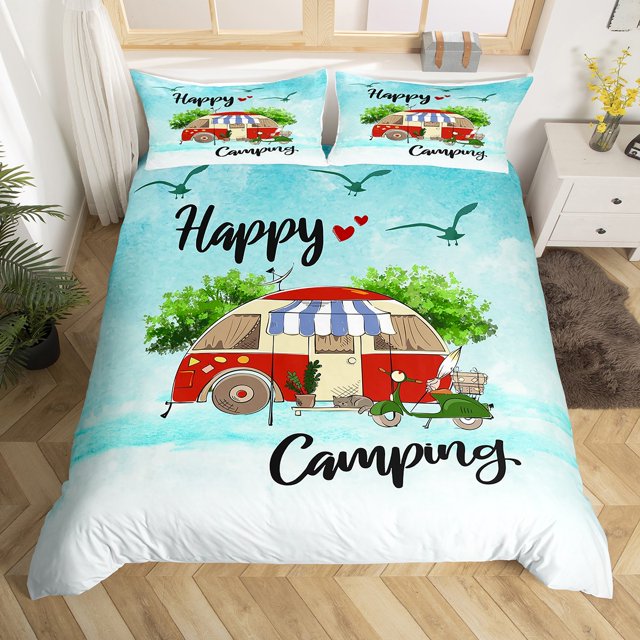 Kids Camping Themed Bedding Queen Size,Seaside Vacation Style Duvet