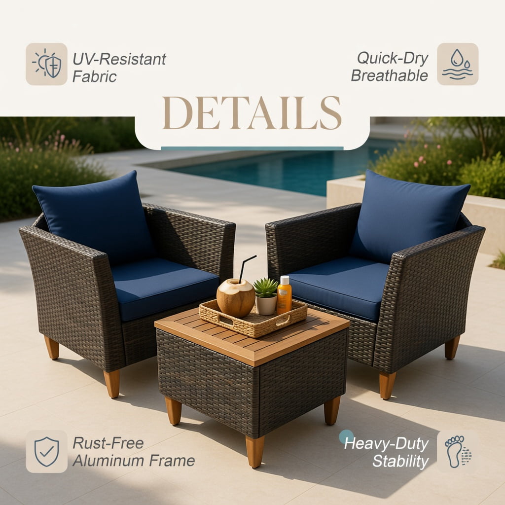 Hommoo 3-Piece Outdoor Rattan Bistro Set, Acacia Wood Table & Steel Frame Patio Furniture for Backyard, Poolside & Garden, Navy