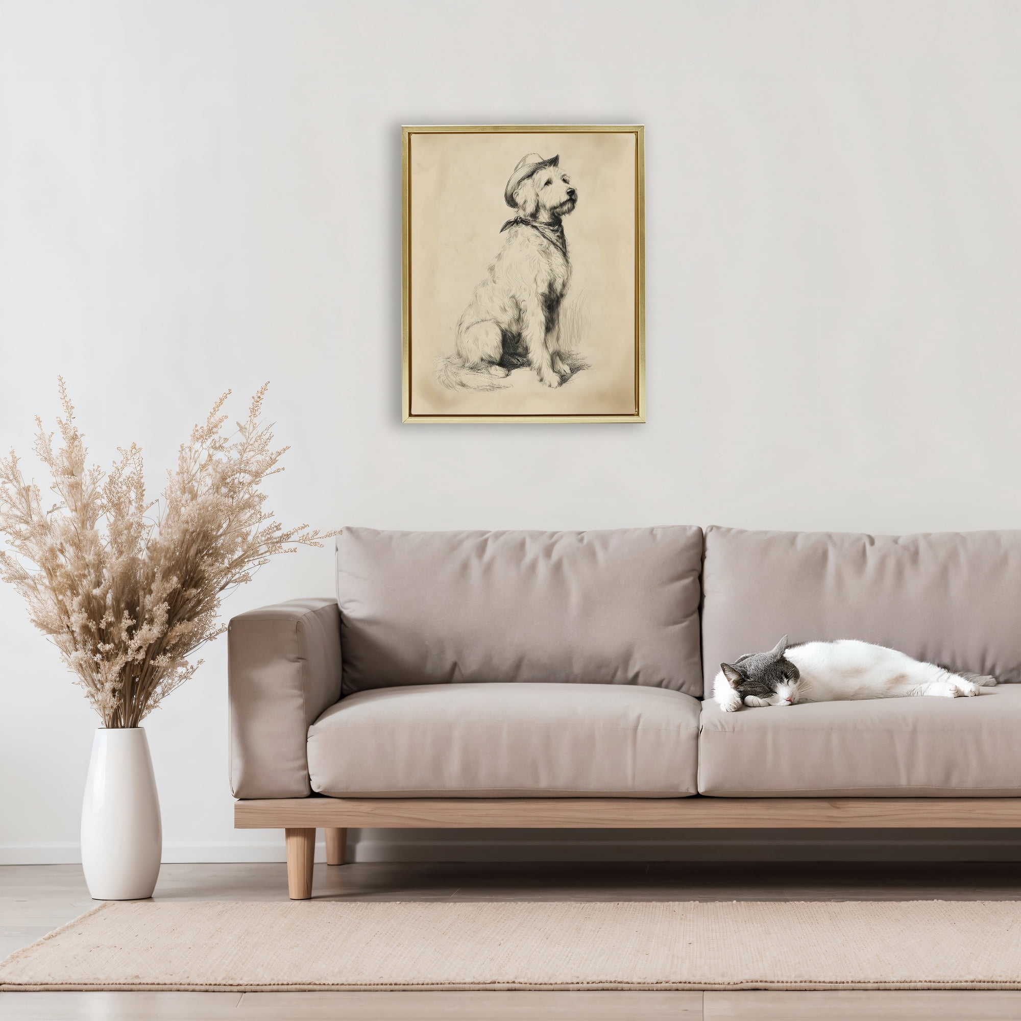 Stupell Industries Cowboy Goldendoodle Sketch Gold Framed Floater Canvas Wall Art, design by Arlington Prints