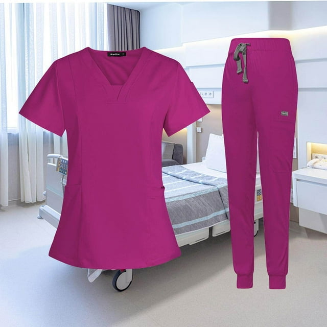 facefd Ensemble de Vêtements Médicaux pour Femme Col en v Lavable en Machine Manches Courtes Costume m Rose Rouge