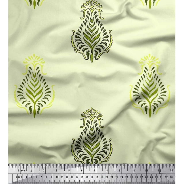 Soimoi Moss Georgette Fabric Leaves Block Fabric Prints by Yard 42 Inch Wide