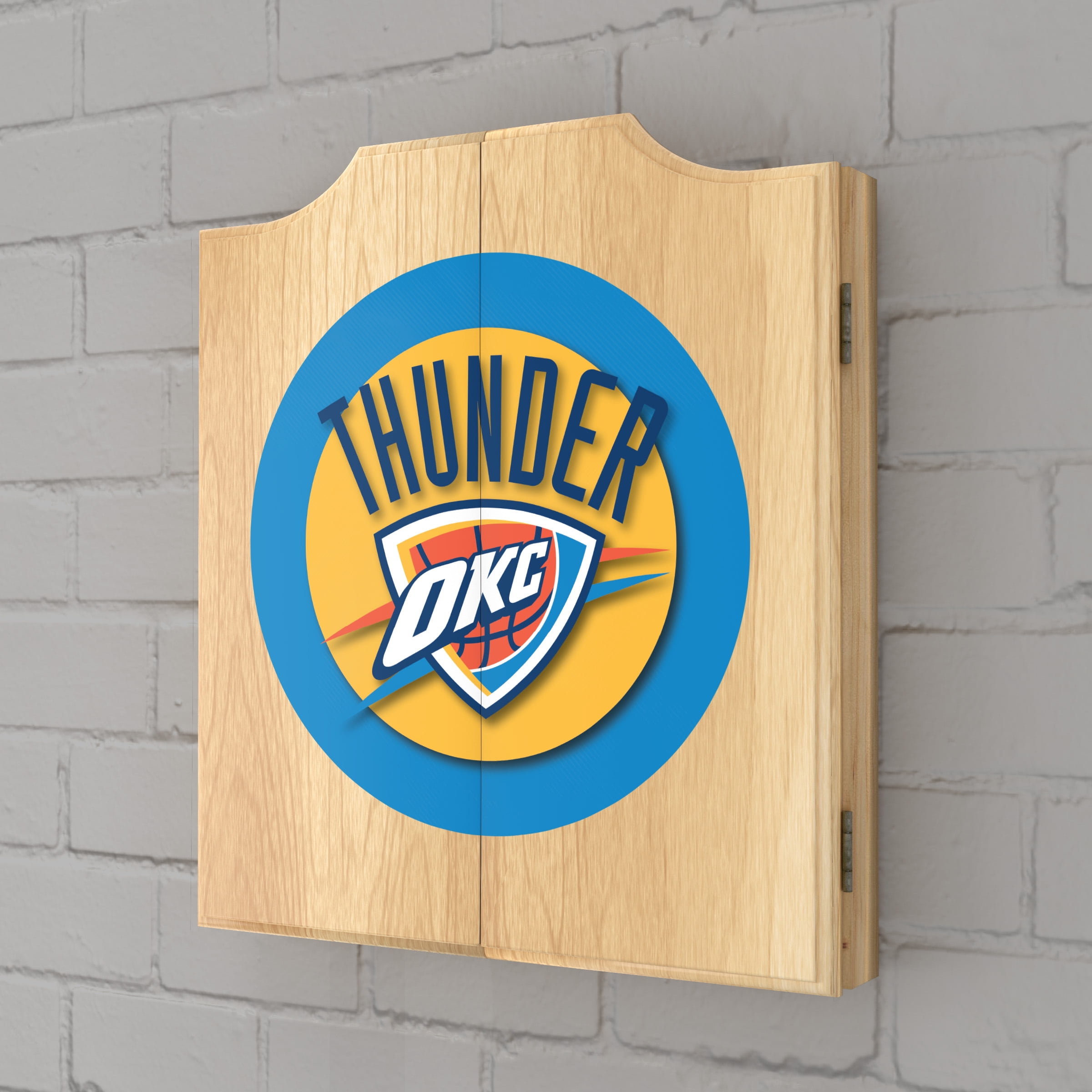 Oklahoma City Thunder Logo Dart Board Cabinet Set with 6 Steel Tip Darts