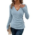 thumbnail image 3 of Womens Long Sleeve Shirts V Neck Ribbed Knit Slim Fit Button Light-Weight Sweater Fall Casual Work Tops Light Blue XL, 3 of 10