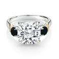 thumbnail image 2 of Gem Stone King 925 Silver and 10K Yellow Gold White Moissanite and Black Onyx 3 Stone Ring for Women (5.44 Cttw, Gemstone Birthstone, Cushion 10MM, Round 4MM, Size 7), 2 of 3