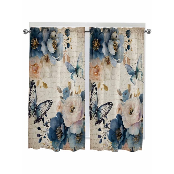 Vintage Blue Floral Bathroom Window Curtain, Butterflies Watercolor Flower Tan Light Filtering Coffee Kitchen Curtains, Bedroom Living Room Curtains 2 Panel 84"x63"