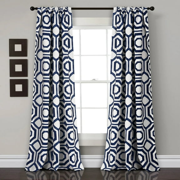 Lush Decor Octagon Blocks Room Darkening 84" x 52" Geometric Navy 3" Rod Pocket 2-Pc Set Window Panel