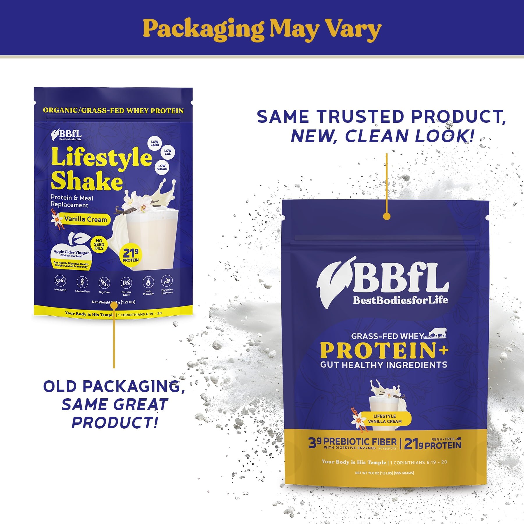BBfL Vanilla Cream, 21g Protein, Grass-fed Whey Protein, Apple Cider Vinegar, 50mg Digestive Enzymes, No Seed Oils, No Gums, All in One Shake (15 Servings, Vanilla)