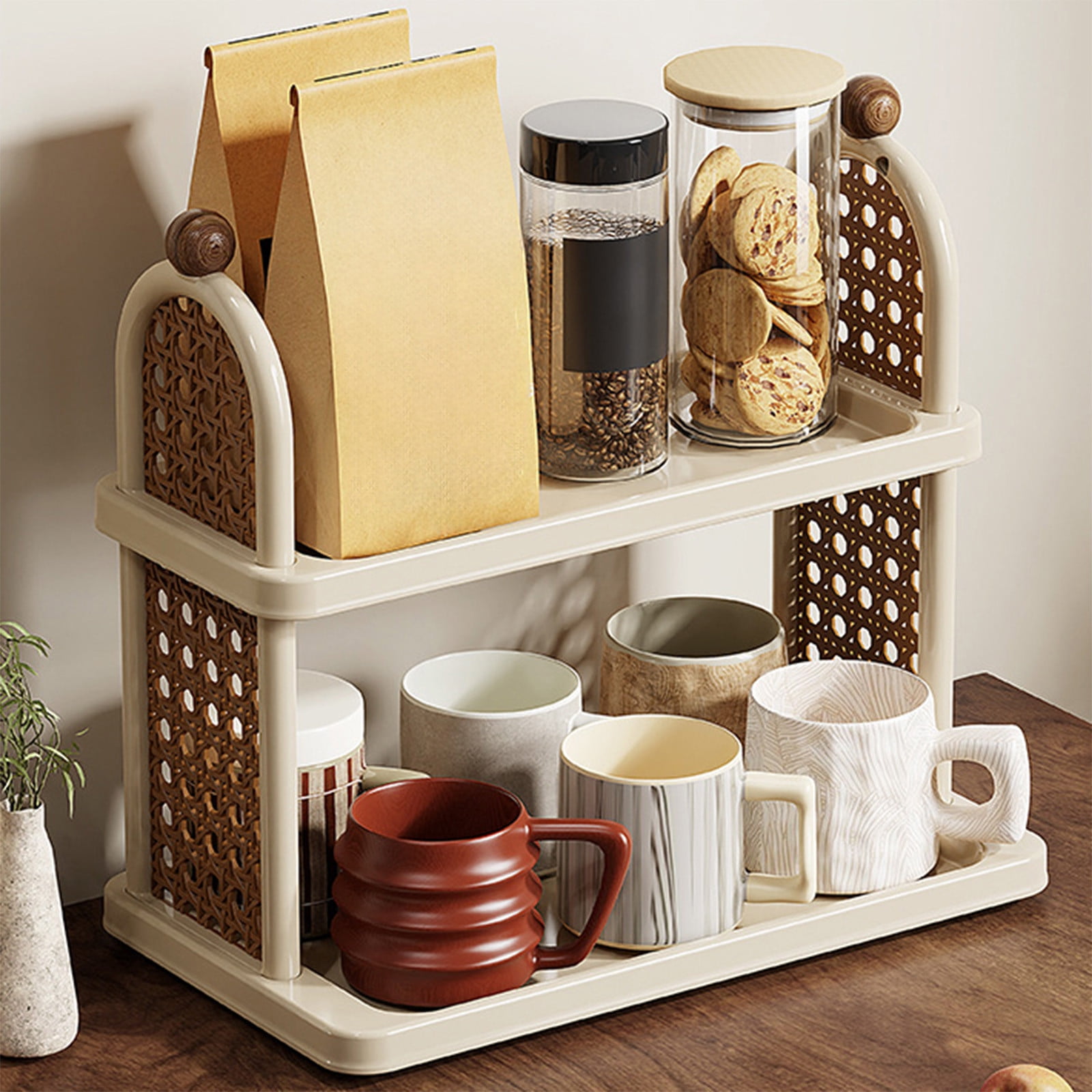 WNFJR 2-Tier Mug Holder for Countertop, Cup Rack Coffee Bar Station Mug  Organizer for Kitchen Cabinets with Glass Holder, Tea Cup Storage Rack