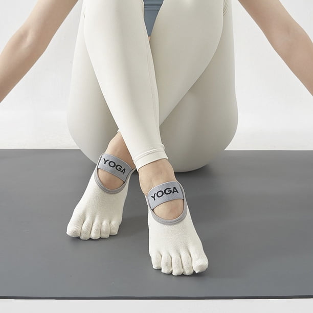Calcetines de yoga antideslizantes de primavera y verano para mujer, de algodón de color sólido, que absorben el sudor, sin espalda, con cinco dedos, con tiras para trampolín