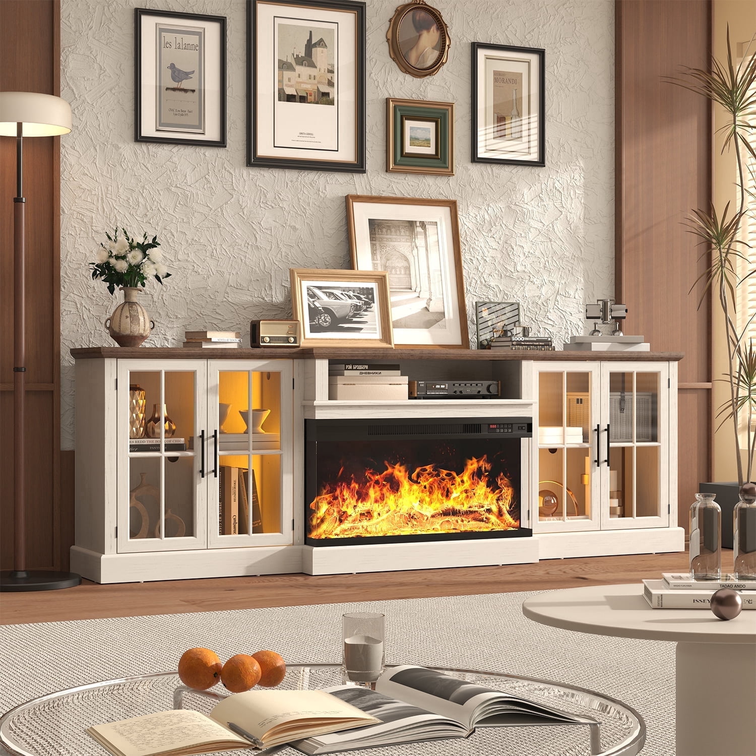 Sonegra 98" Farmhouse TV Stand with Fireplace for TVs up to 100", Media Entertainment Center with Adjustable Shelves and Large Storage Cabinets, for Living Room, White