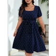 thumbnail image 3 of Women'S Plus Size Elegant Retro Polka Dot Waist Tie Square Neck Swing Dress Dark Blue XXXL, 3 of 7