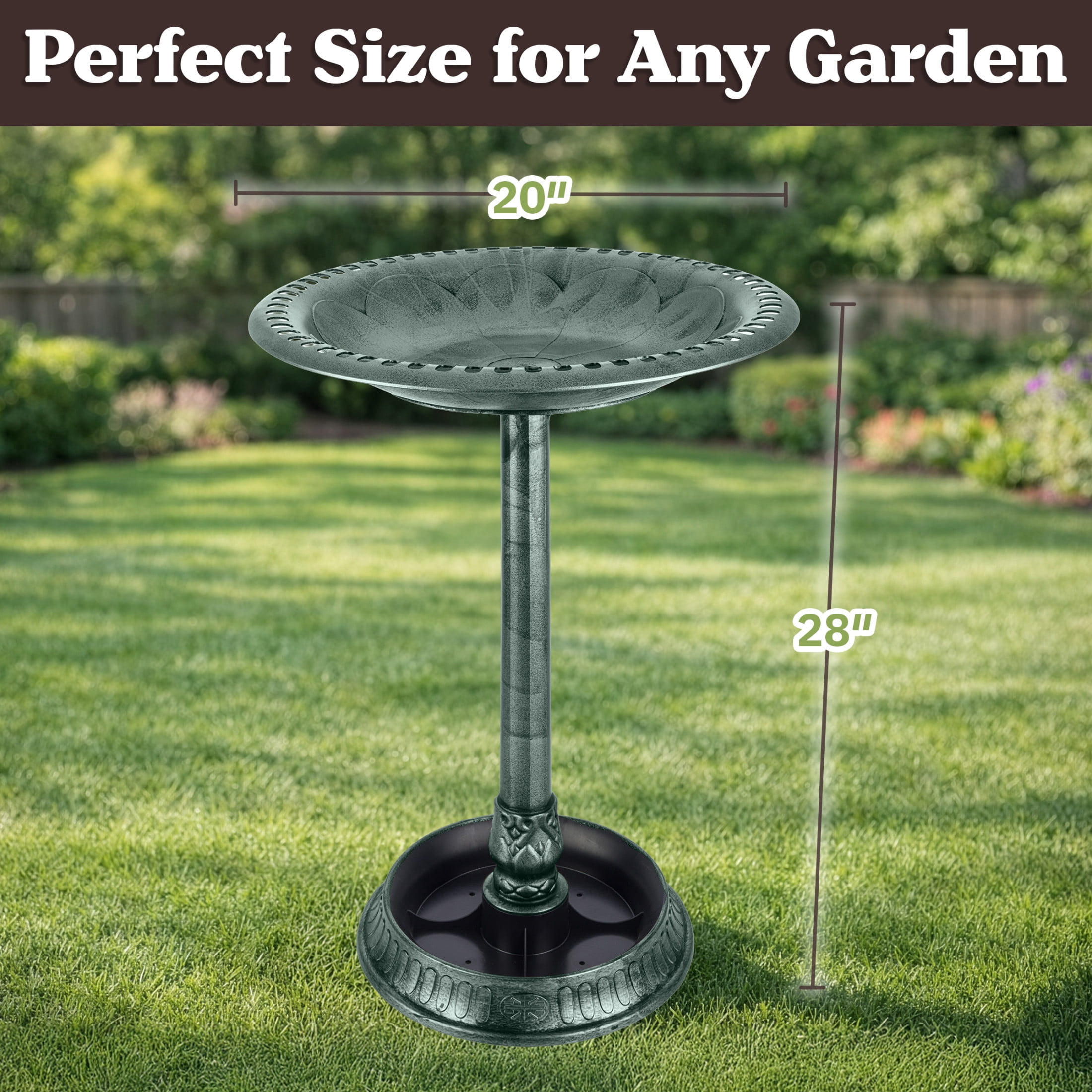 Pure Garden 28” Tall Pedestal Bird Bath for Outside with Flower Planter Base, Green Patina