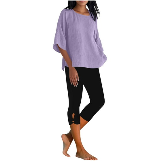 Ecqkame Women Loose Casual Solid Color Outfits Round Neck 3/4Sleeve Tops and Breathable Cropped Leggings Pants Set Light Blue S