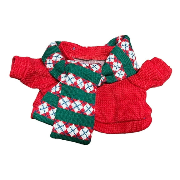 Christmas Red Sweater Green Plaid Scarf Fits Medium 12"-15" Plush Doll Holiday