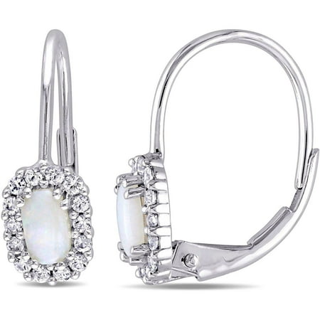 3/4 Carat T.G.W. Opal and White Sapphire 10kt White Gold Leverback Halo Earrings