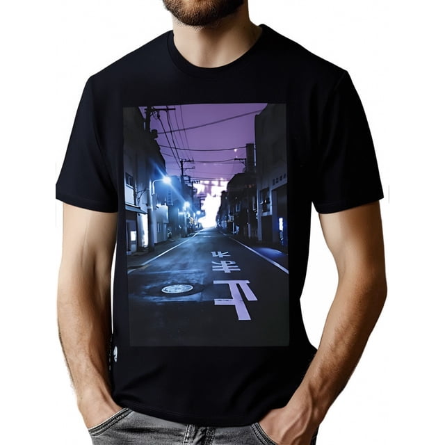 Camiseta estética Tokyo Night Vaporwave para hombre: 100 % algodón, informal y deportiva, con estampado geométrico para uso casual y ocio.