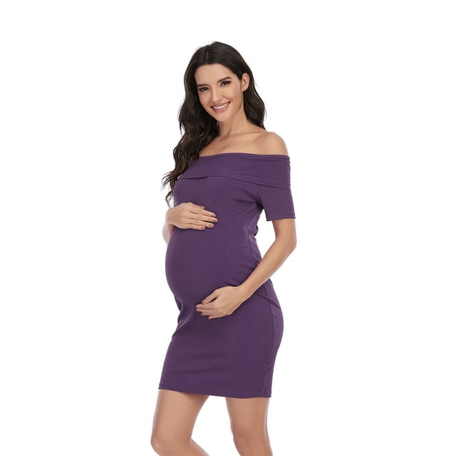 Vestido de manga corta con hombros descubiertos y color liso para embarazadas, vestido de un solo hombro