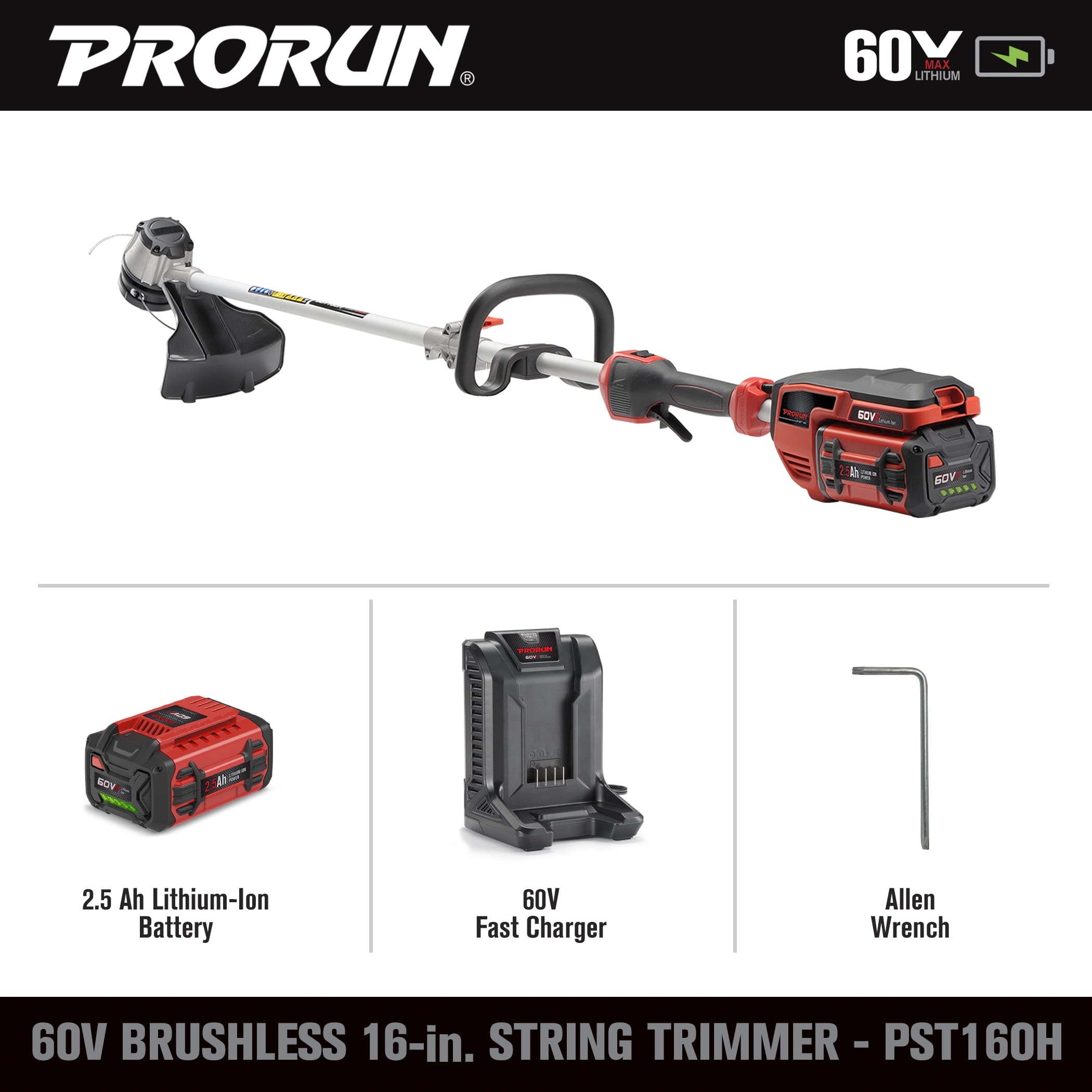 PRORUN 60V 16-in. Brushless Cordless String Trimmer with 2.5 Ah Battery and Charger