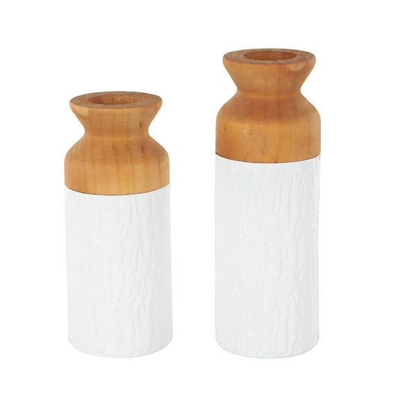 DecMode 11", 10"H Abstract Textured Color Block White Metal Vase with Brown Wood Tops, Set of 2