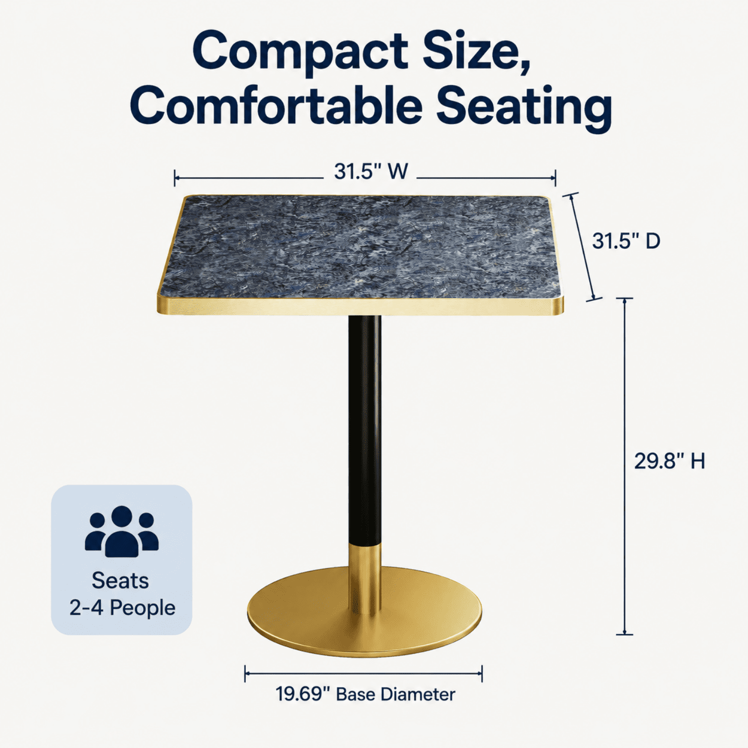 Miniyam 31.5 in Square Dining Table for 2-4, Marble-Look Sintered Stone Top, Stainless Steel Pedestal Base for Small Space, Blue