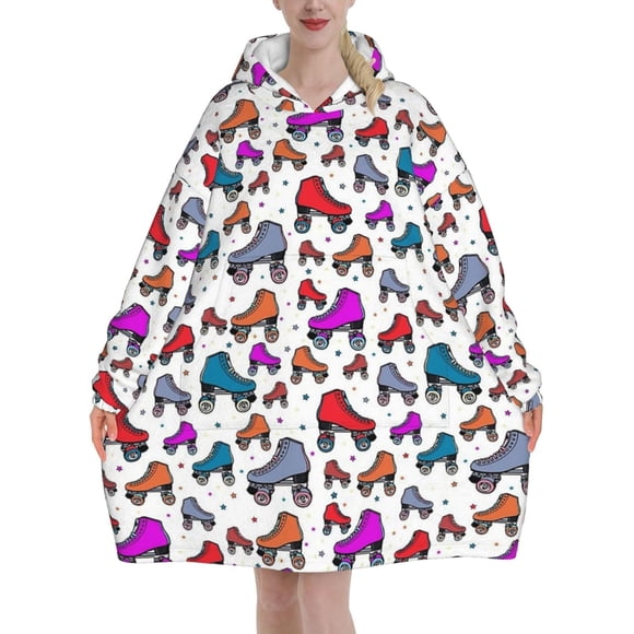 Retro Roller Skates Colorful Print Blanket Hoodie Suitable For Valentine'S Day, Thanksgiving, Christmas, New Year And Other Cold Seasons.