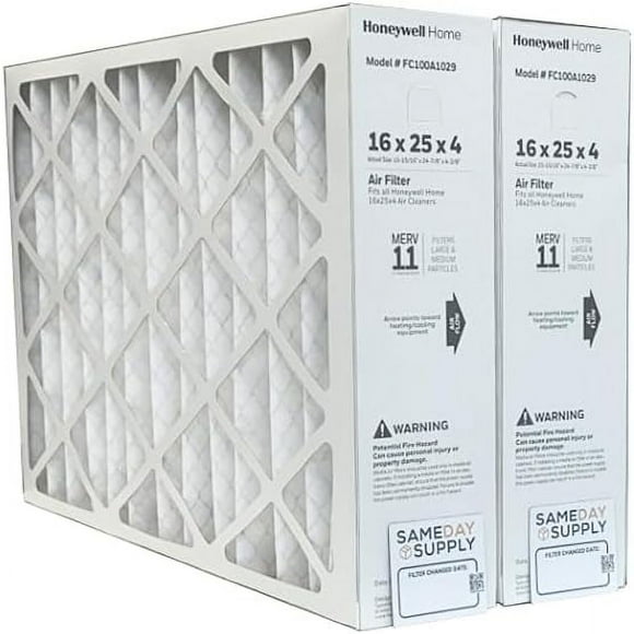 FC100A1029 (2 Pack) - 16" x 25" x 4" Pleated Air Filter, MERV 11 Bundle with Same Day Supply Filter Change Reminder
