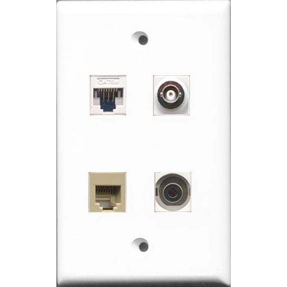 RiteAV - 1 Port Phone RJ11 RJ12 Beige and 1 Port 3.5mm and 1 Port BNC and 1 Port Cat5e Ethernet White Wall Plate