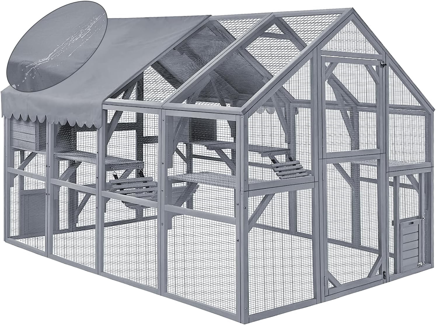 Large Catio Outdoor Cat House Enclosure Wooden Cat Cage Kitten Condo for Multiple Pets Walk in, with Bouncy Bridge, Platforms, Small Houses and Weatherproof Roof - 111”x74”x74”