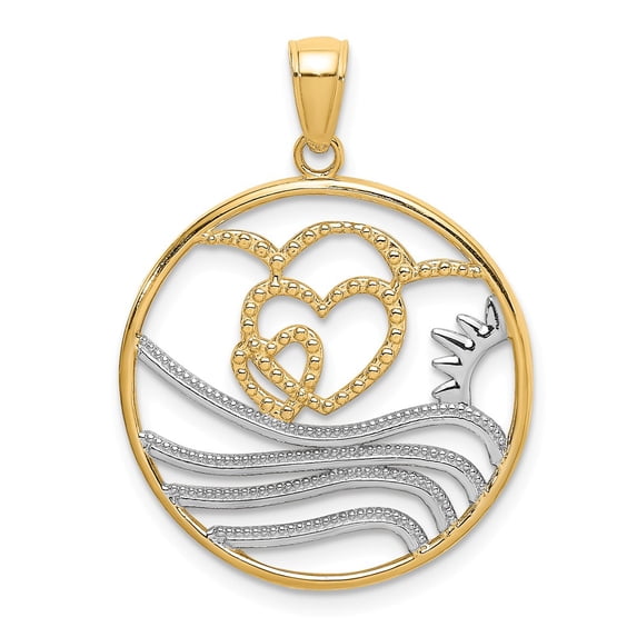 FB Jewels 14k White and Yellow Two Tone Gold Sun hearts and Water In Round Frame Two-color Pendant