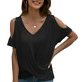 thumbnail image 1 of Blusa torcida con hombros descubiertos y cuello en V de verano Tops para mujer Camiseta informal holgada de color puro para fiesta de citas Negro M, 1 of 6