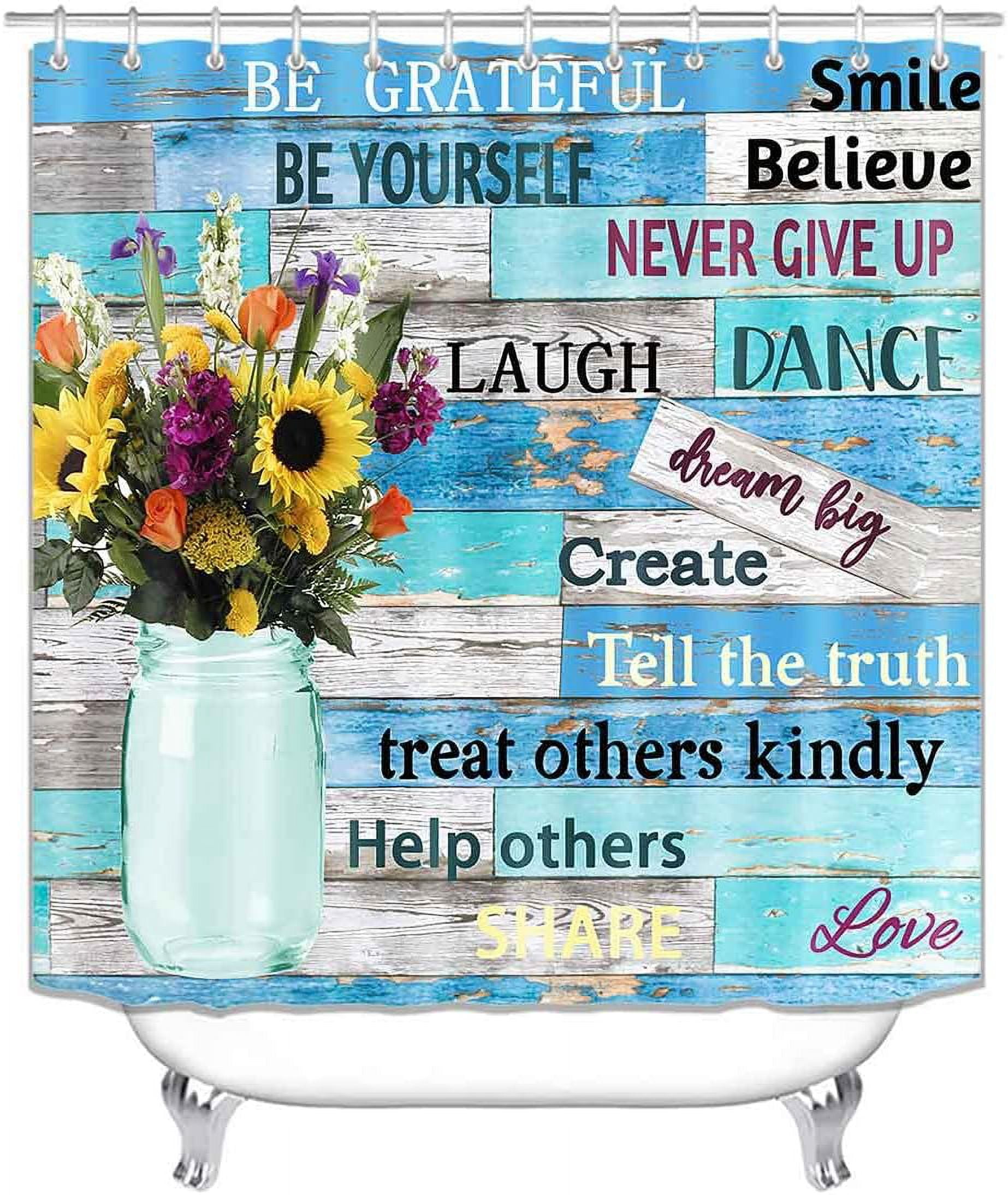 4PCS Farmhouse Shower Curtain Set, Bless This Home Cotton Flower Teal Pitcher Vase Moroccan Country Rustic Bathroom Decor, Waterproof Fabric White Shower Curtain, Non-Slip Bath Mat Toilet Rug
