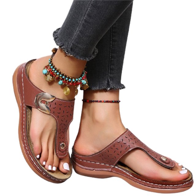Women PU Leather Wedges Sandals Rhinestone Flip Flops Non-Slip Comfortable Summer Beach Walking