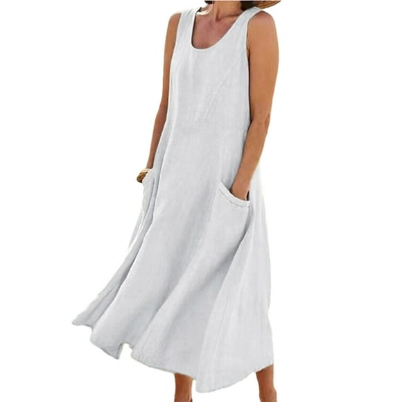 Vestido de lino y algodón Minnieouse de verano para mujer sin mangas con cuello redondo bohemia