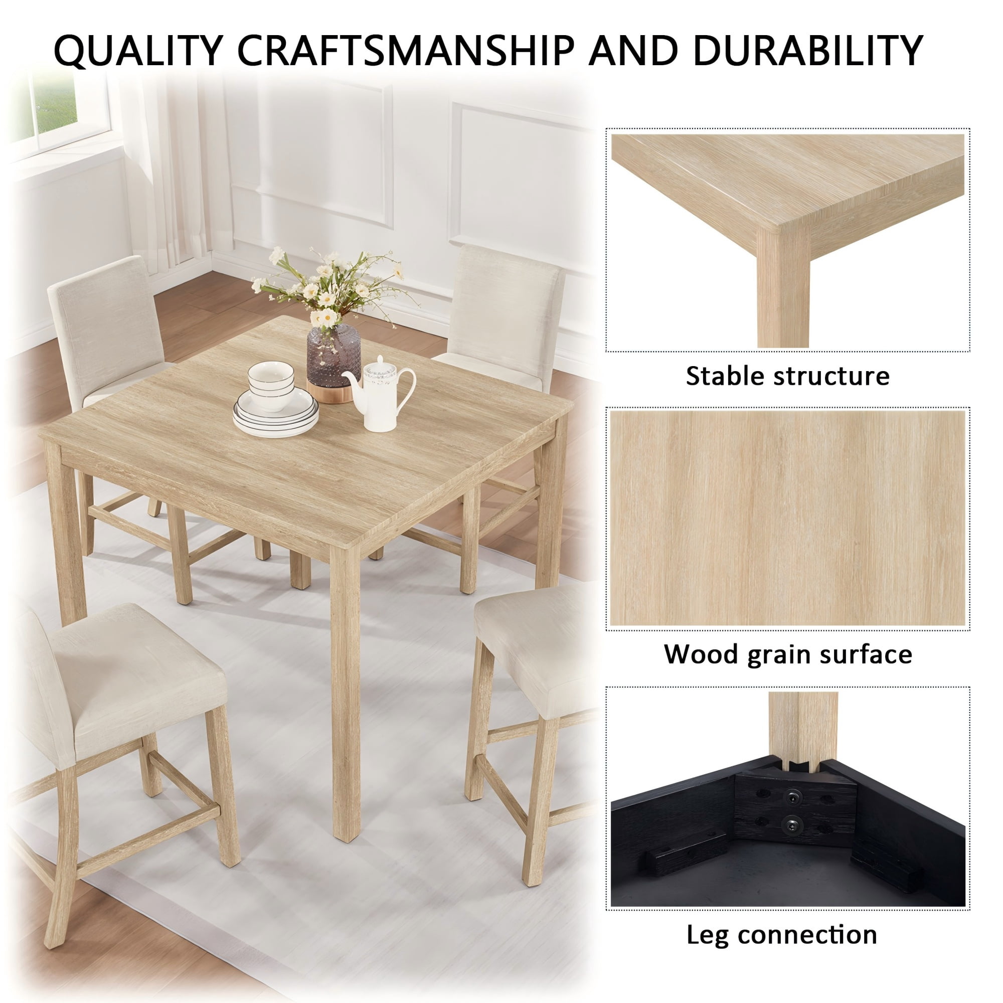 BSHTI 39" 5-Piece Rectangle Counter Height Table Set with Upholstered Chairs, Modern Space Saving Design for Dining Room（Light Oak）