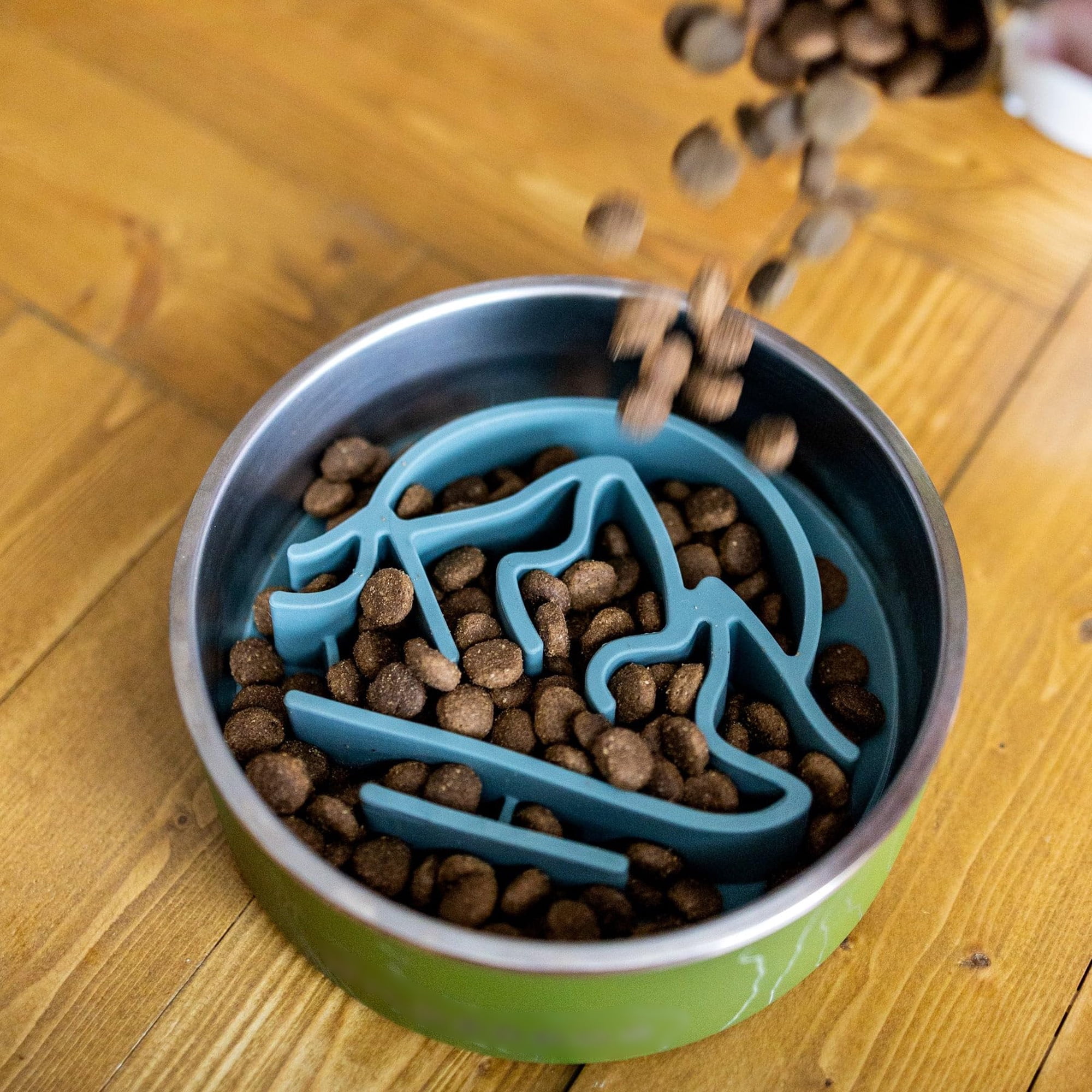 Slow feed dog bowl, non-slip silicone for fast eaters, aids digestion & prevents bloat. Puzzle design enriches mealtime. Dishwasher-safe, fits 7" bowls, green. Adventure-ready