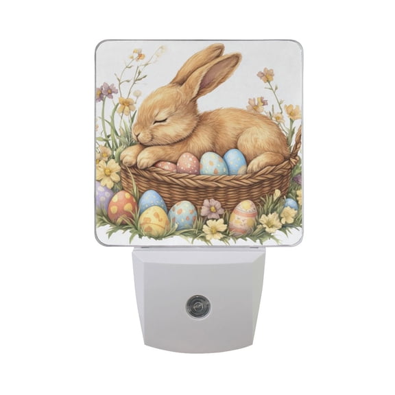 Yellow Rabbit in Easter Basket Eggs LED Night Light with Smart Sensor Plug Into Wall Dusk to Dawn 2 packs