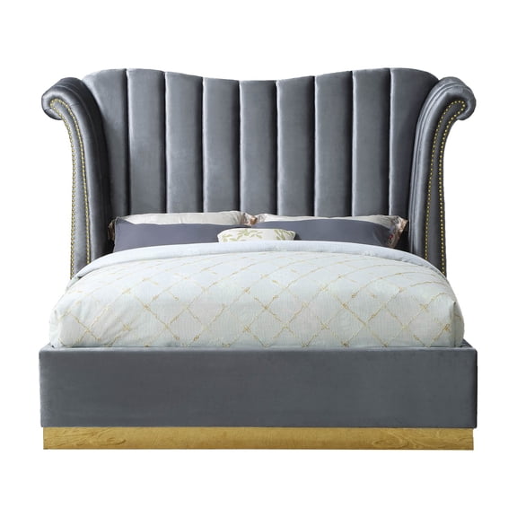Meridian Furniture Flora Solid Wood and Velvet Queen Bed in Gray