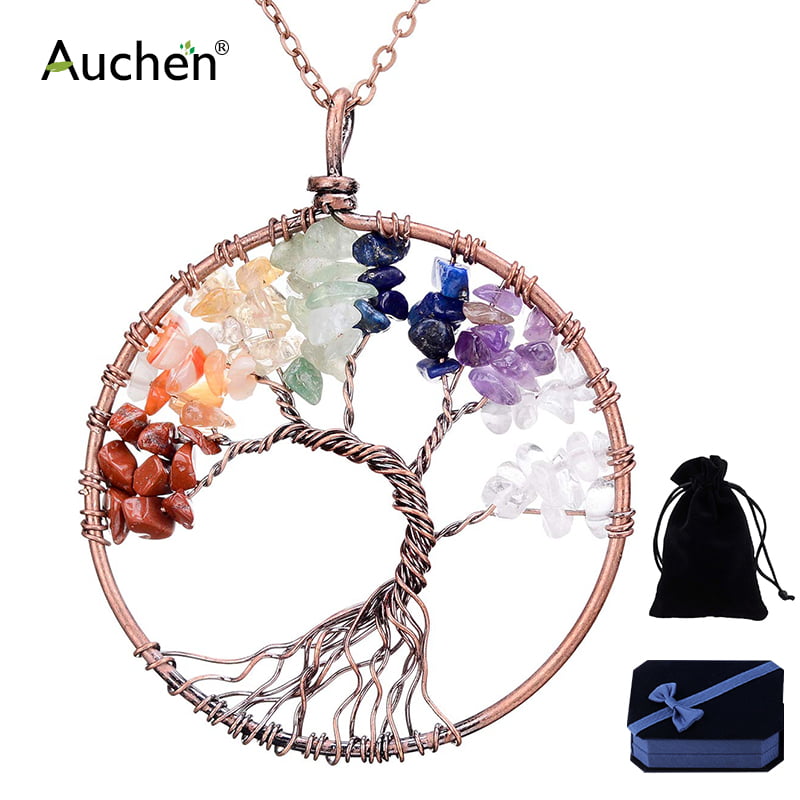 Tree of Life Pendant Necklace Rainbow Spiritual Chakra Healing Stone Crystal Gem 