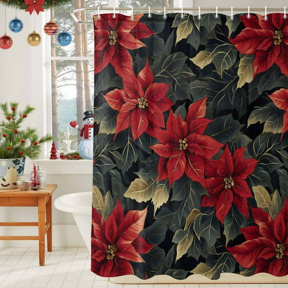 Shower Curtain Bathroom Set Red Poinsettia Christmas Flower Waterproof Fabric Shower Curtains with Grommets&Hooks Xmas Leaves Plant Watercolor Privacy Bath Curtain for Bathtub 36x72in