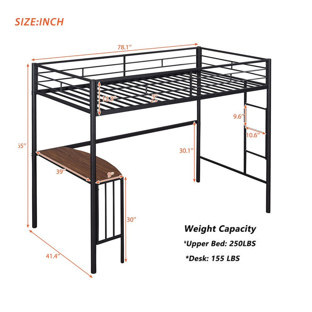 Gewnee Twin Size Metal Loft Bed Frame with Desk,Full-Length Guardrails and Ladder,Black