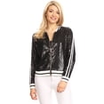 thumbnail image 1 of Veste Bomber à Rayures et Sequins à Manches Longues pour Femmes avec Fermeture Éclair à l'Avant, 1 of 5