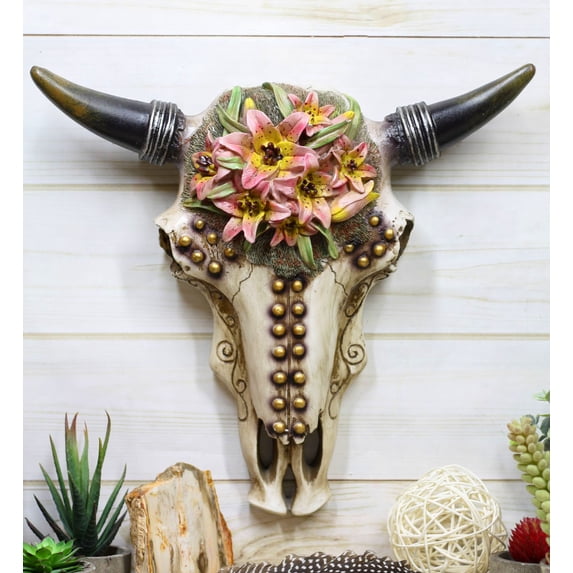Western Bull Cow Skull With Floral Lilies & Golden Nailheads Wall Decor Plaque
