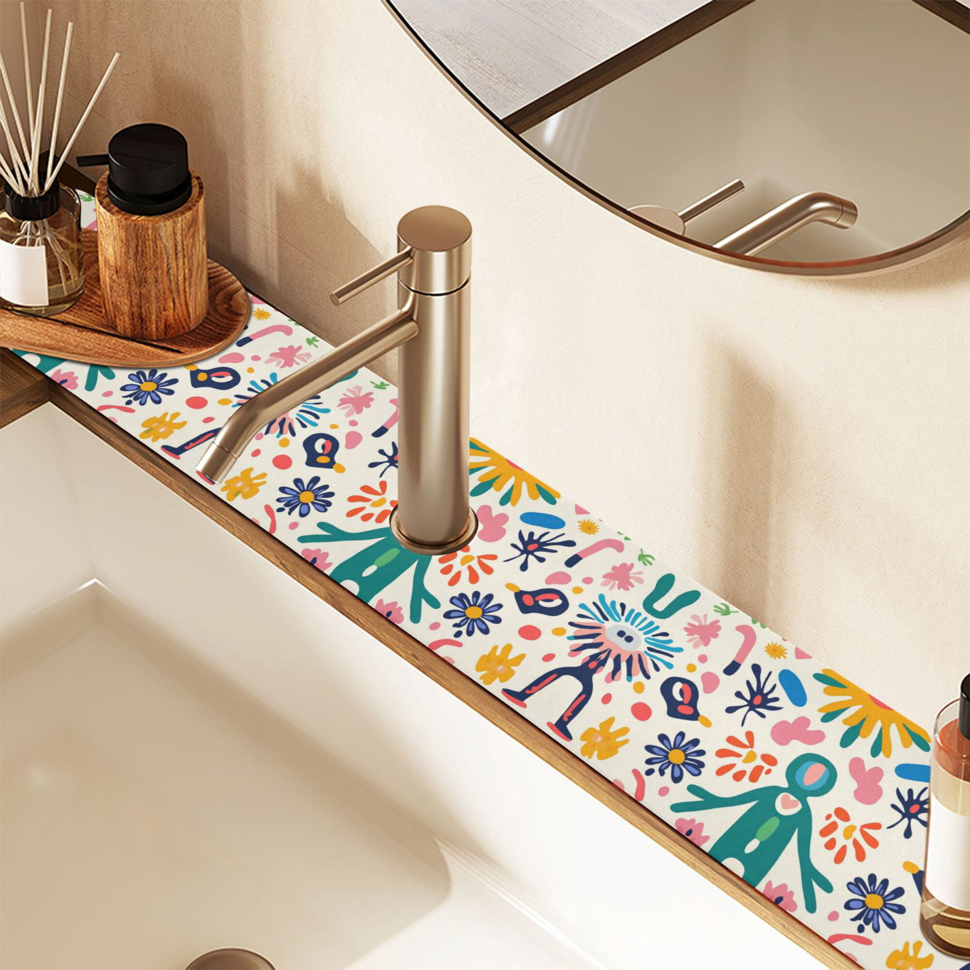 Yayeee Faucet Mat for Kitchen Sink 30" Diatomite Long Splash Guard Pad, Abstract Floral