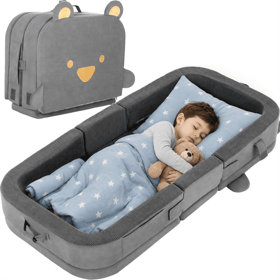 LIFERUN Foldable Toddler Travel Bed, Portable Toddler Floor Bed for Baby and Kids Aged 1-4, with Washable Cover, Safety Rail, for Home, Hotel, Camping